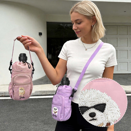Custom Pet Portrait Embroidery Water Bottle Carrier Bag with Strap, Personalized Dog & Cat Lover Gift
