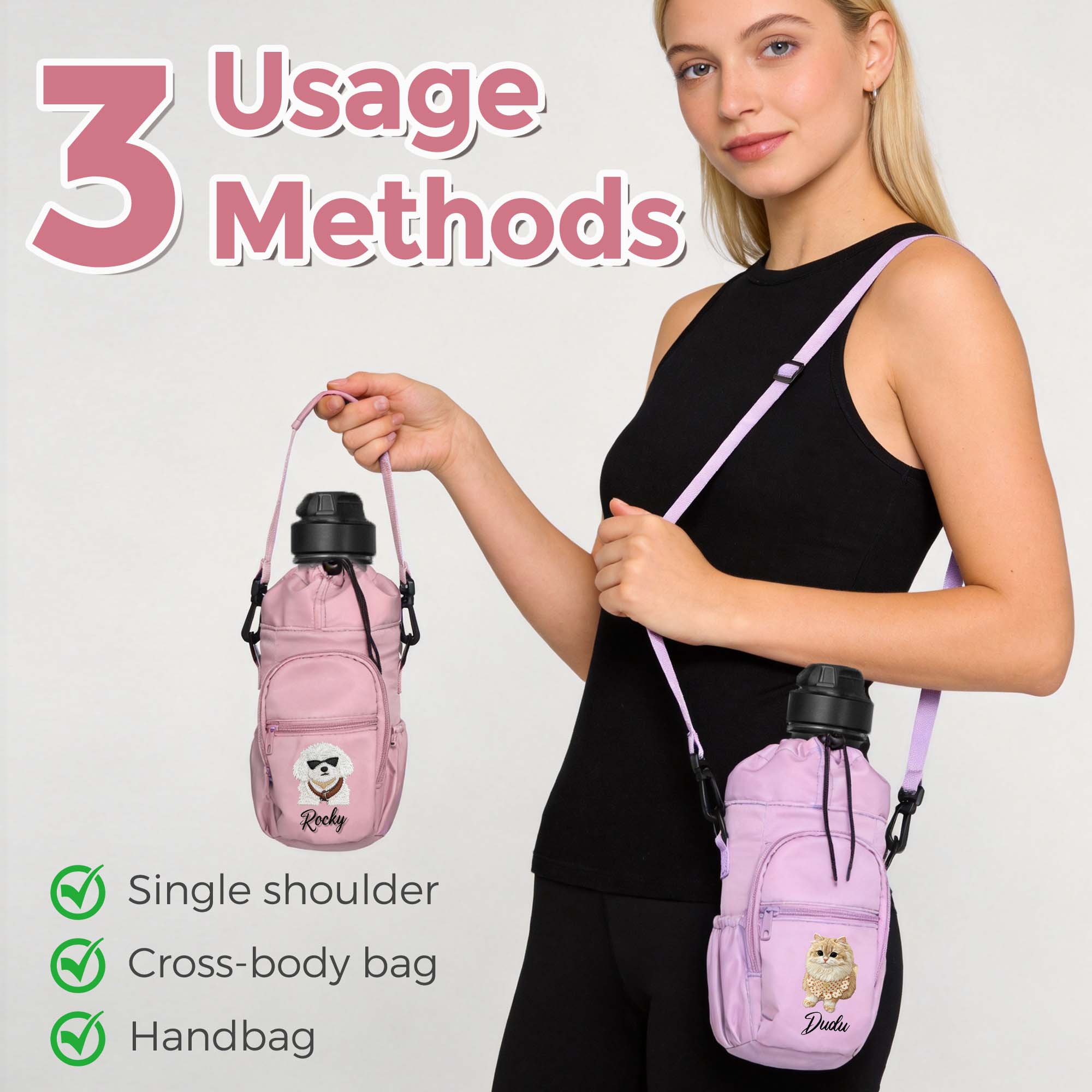 Custom Pet Portrait Embroidery Water Bottle Carrier Bag with Strap, Personalized Dog & Cat Lover Gift