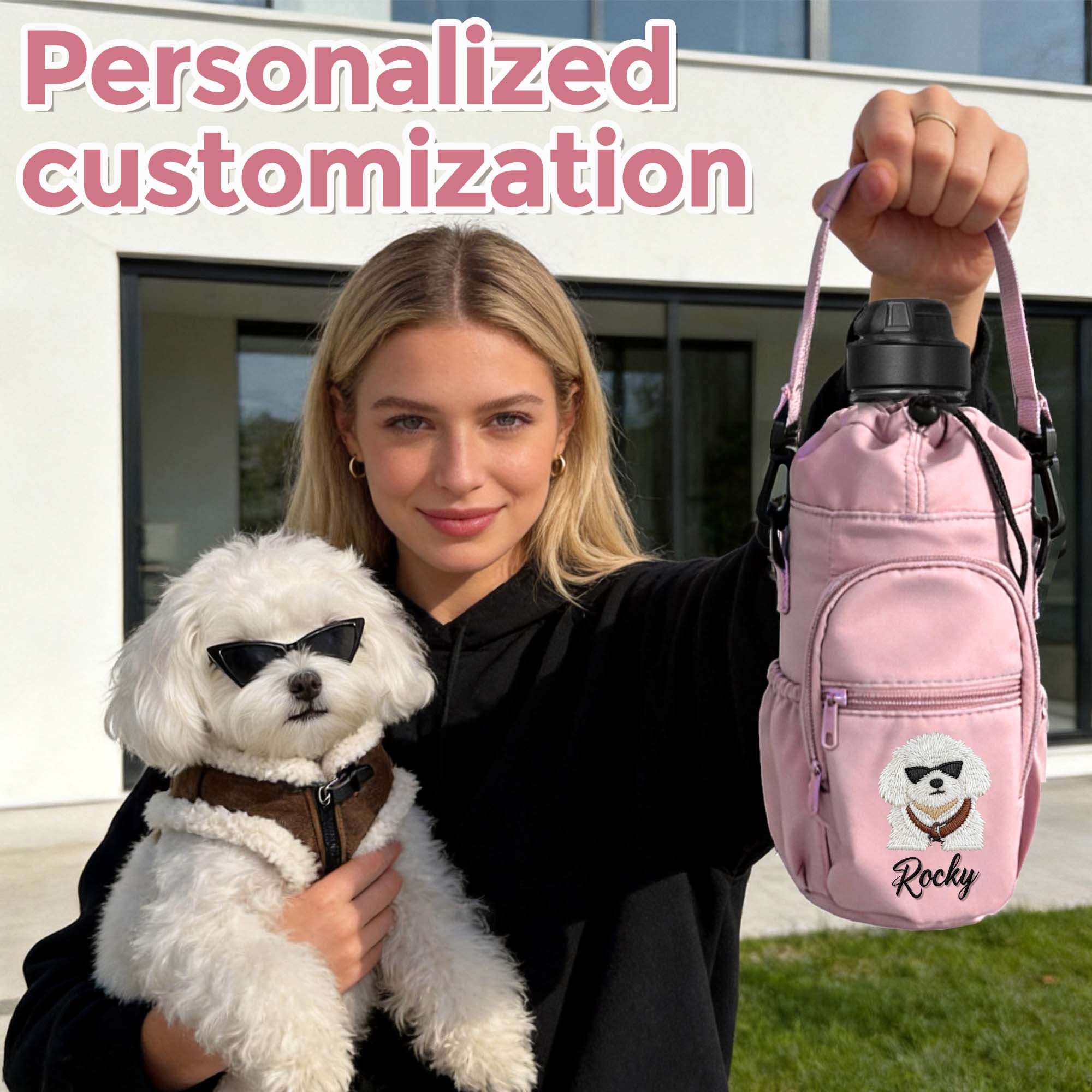 Custom Pet Portrait Embroidery Water Bottle Carrier Bag with Strap, Personalized Dog & Cat Lover Gift