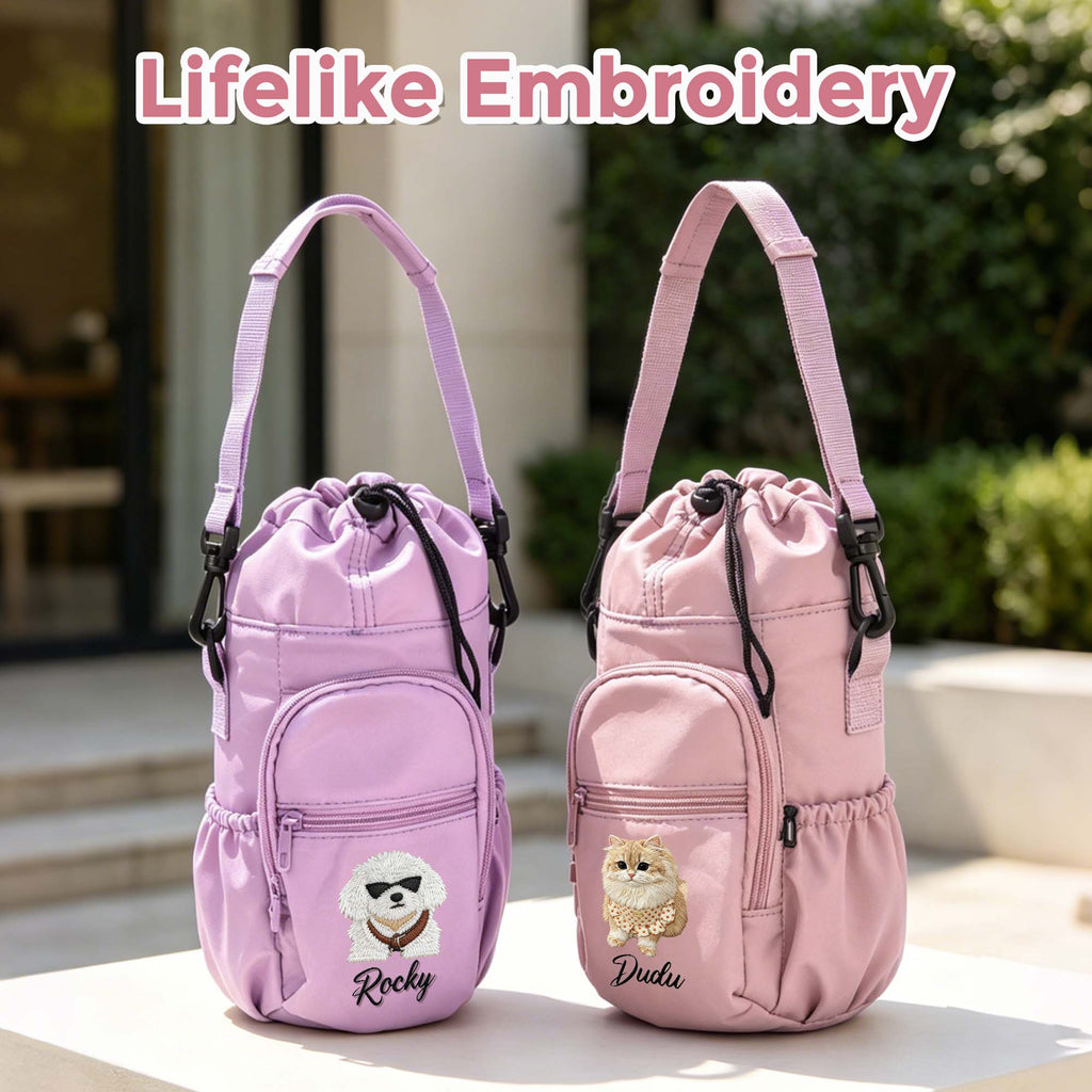 Custom Pet Portrait Embroidery Water Bottle Carrier Bag with Strap, Personalized Dog & Cat Lover Gift