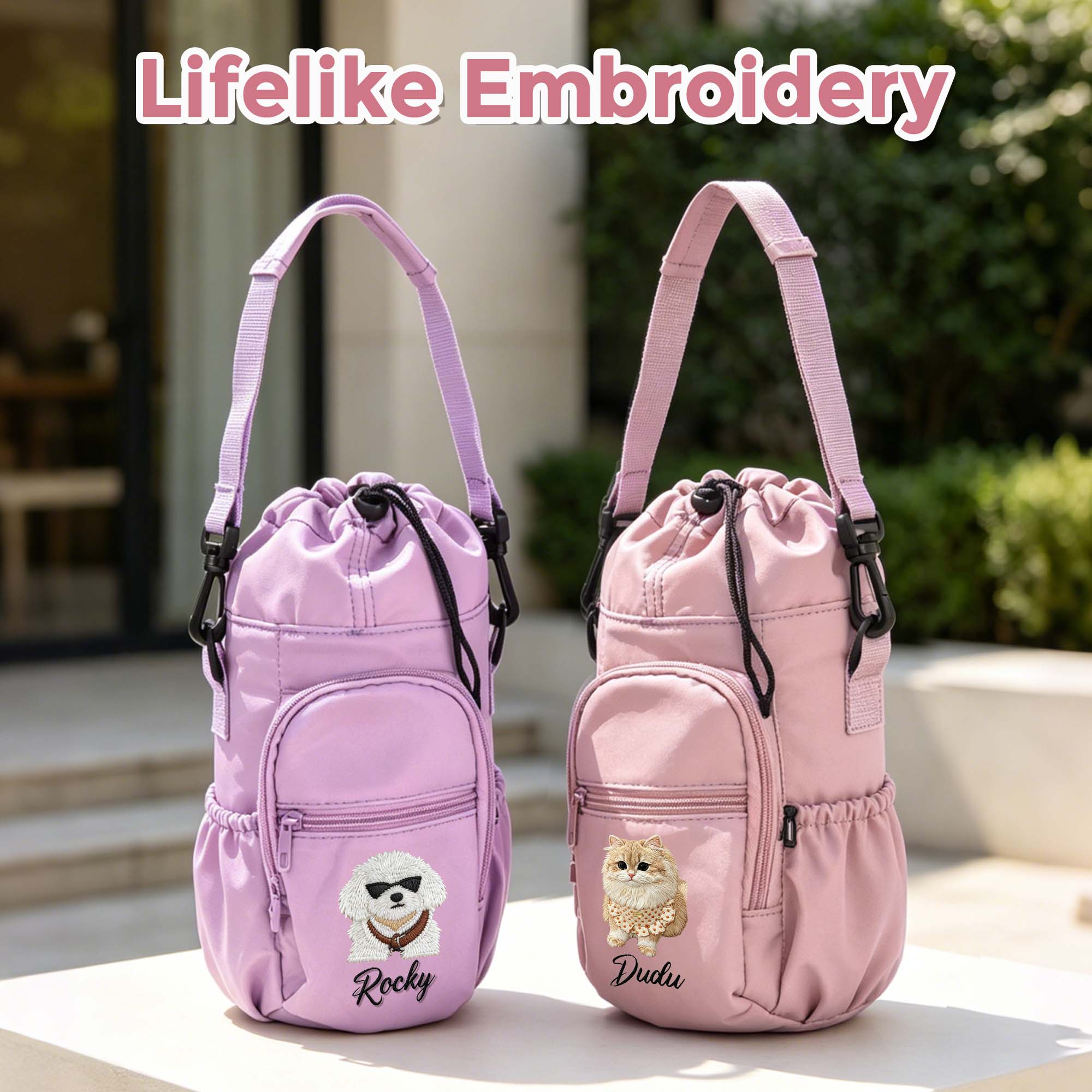 Custom Pet Portrait Embroidery Water Bottle Carrier Bag with Strap, Personalized Dog & Cat Lover Gift